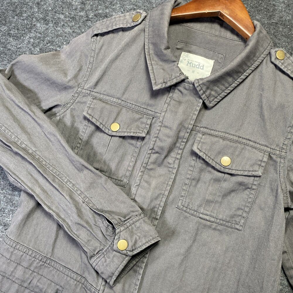 Mudd Women’s Military Jacket Gray Cropped Pockets Utility Full Zip Tactical